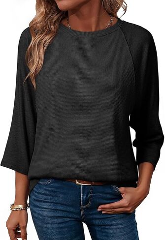 Dokotoo Womens Tops Spring Summer 3/4 Length Sleeve Fashion T Shirts for Women Crewneck Waffle Knit Casual Loose Tee Blouses in Saudi Arabia