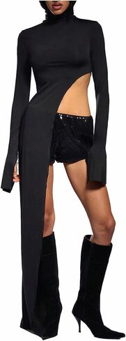 Women's Side Split Crop Tops Mock Neck Long Sleeve T Shirts Grunge Punk Outfits in Saudi Arabia