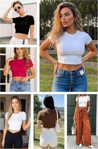 Women's Multi-Pack Short Sleeve Round Neck T-Shirt - Basic Slim Fit Knit Crop Tops in Saudi Arabia