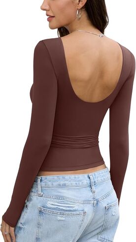 Womens Backless Double Lined Top Long Sleeve Y2K Going Out Top Sexy Open Back Boat Neck Shirt Slim Fit Spring Fall Tee in Saudi Arabia