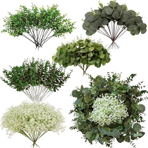 150 Packs 5 Kinds Artificial Greenery Stems Mixed Artificial Eucalyptus Wedding Bouquet Bulk Fake Eucalyptus Stems Greenery Leaves for Vase Wedding Home Table Decor DIY Bouquets (Green) in Saudi Arabia