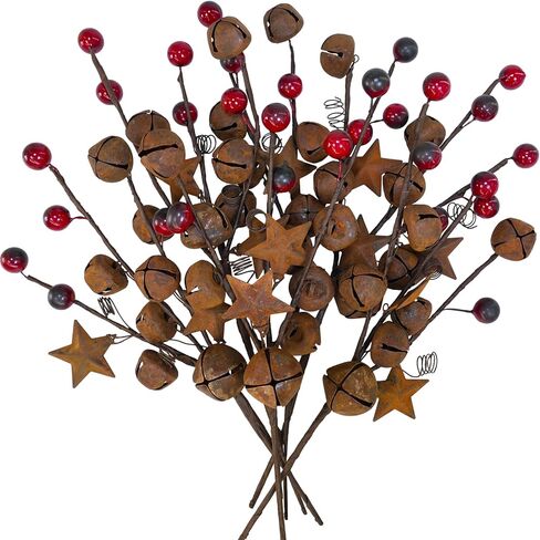 Winlyn 6 Pcs Christmas Rustic Bells Picks Holiday Floral Stem Stars Sprays with Burgundy Berries 10.6" for Christmas Tree Farmhouse Primitive Arrangement Centerpiece DIY Wreaths Garlands in Saudi Arabia