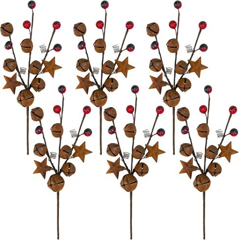 Winlyn 6 Pcs Christmas Rustic Bells Picks Holiday Floral Stem Stars Sprays with Burgundy Berries 10.6" for Christmas Tree Farmhouse Primitive Arrangement Centerpiece DIY Wreaths Garlands in Saudi Arabia