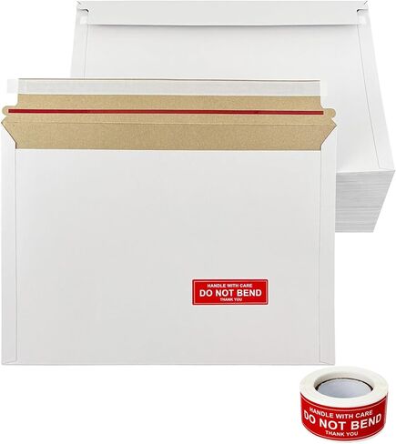 50 Pack 12.8x9.2" Rigid Mailers Cardboard Envelopes, Photo CD Mailers Shipping Envelope for Trading Cards with "DO NOT BEND" Labels, Small Stay Flat Self Seal Document Envelope - Grey Inside in Kuwait