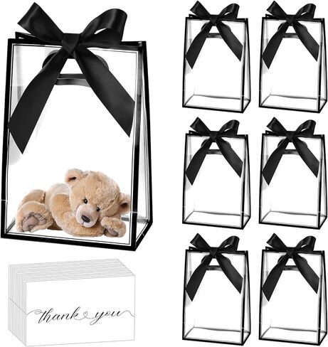 GAWBYET 24 Pcs Clear Plastic Gift Bags with Handles, Reusable Party Favor Bags With ribbons and cards for Mother's Day, Birthday, Wedding,Bachelorette Party,(7 x 10 x 3.15 Inch) in Saudi Arabia