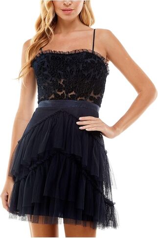 Womens Juniors Mesh Tiered Cocktail and Party Dress Navy 5 in Saudi Arabia