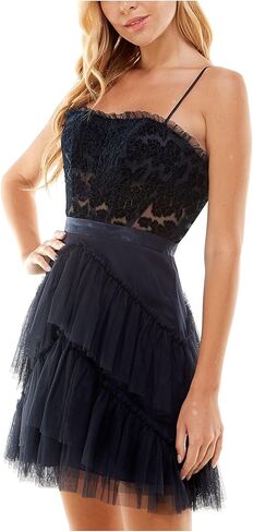 Womens Juniors Mesh Tiered Cocktail and Party Dress Navy 5 in Saudi Arabia