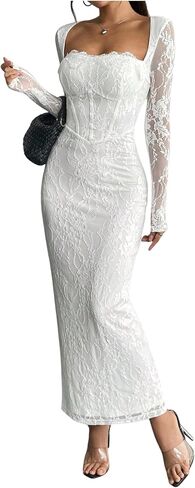 OYOANGLE Women's Floral Lace Slit Back Fishtail Long Dress Square Neck Cocktail Bodycon Dresses in Saudi Arabia