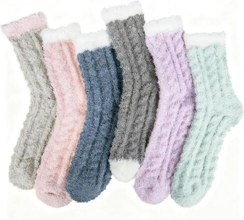 6 Pairs Womens Fuzzy Socks Winter Warm Soft Cozy Fluffy Microfiber House Sleeping Slipper Socks Christmas Gifts in Kuwait