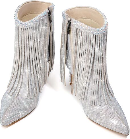 Women's Glitter Rhinestone Ankle Boots Sparkly Fringe Pointed Toe Booties Side Zipper Fashion Party Dressy Stiletto High Heel Boots for Women in Saudi Arabia