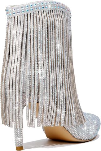 Women's Glitter Rhinestone Ankle Boots Sparkly Fringe Pointed Toe Booties Side Zipper Fashion Party Dressy Stiletto High Heel Boots for Women in Saudi Arabia