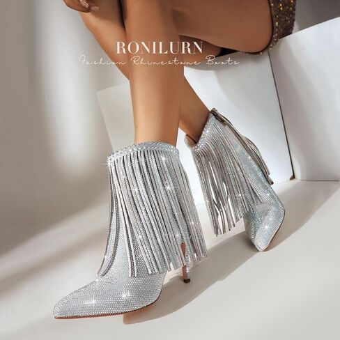 Women's Glitter Rhinestone Ankle Boots Sparkly Fringe Pointed Toe Booties Side Zipper Fashion Party Dressy Stiletto High Heel Boots for Women in Saudi Arabia