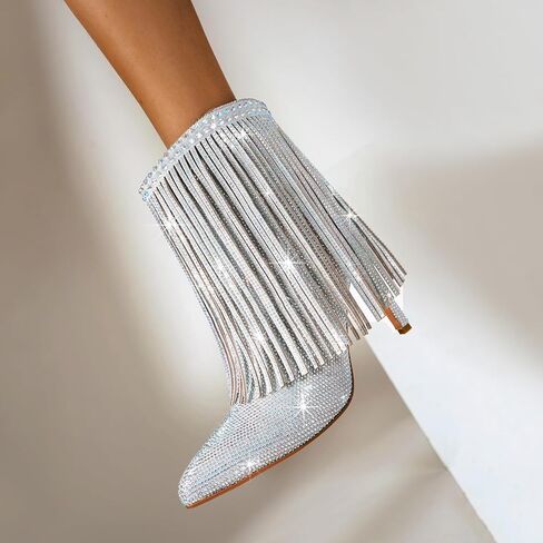 Women's Glitter Rhinestone Ankle Boots Sparkly Fringe Pointed Toe Booties Side Zipper Fashion Party Dressy Stiletto High Heel Boots for Women in Saudi Arabia