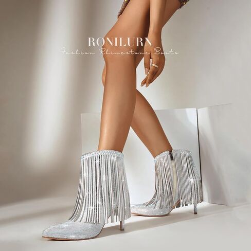 Women's Glitter Rhinestone Ankle Boots Sparkly Fringe Pointed Toe Booties Side Zipper Fashion Party Dressy Stiletto High Heel Boots for Women in Saudi Arabia