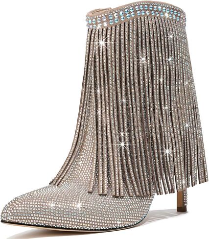 Women's Glitter Rhinestone Ankle Boots Sparkly Fringe Pointed Toe Booties Side Zipper Fashion Party Dressy Stiletto High Heel Boots for Women in Saudi Arabia