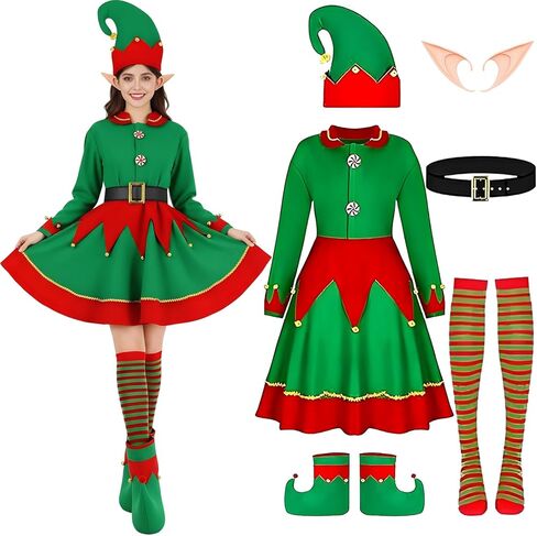 Yi-gog Women Christmas Elf Costume Set Festive Xmas Party Outfit Dress Hat Shoes Accessories Holiday Cosplay Fancy Dress Up in Kuwait