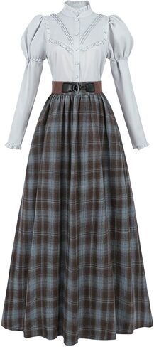 Nuoqi Edwardian Dress for Women 2 Piece 1800s Victorian Costume Blouse with Plaid Skirt in Saudi Arabia