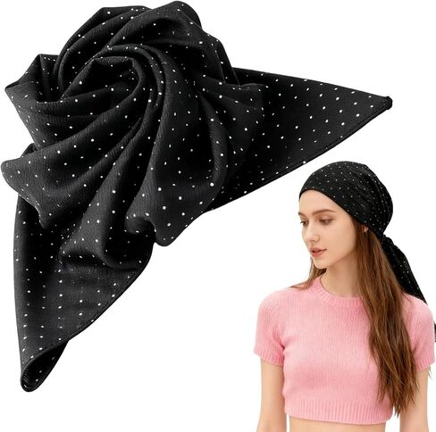 وشاح رأس أسود أنيق مع حجر الراين للنساء، وشاح مربع لامع لامع مقاس 35 × 35 بوصة، وشاح رأس شبكي لامع من التسعينيات للشعر وإكسسوارات الموضة in Kuwait