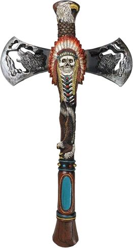 Ebros Gift Southwestern Tribal Native American Indian Hand Axe with Chief Headdress Skull Eagle Wolf Bear and Turquoise Gem Wall Cross Plaque in Saudi Arabia