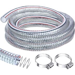 Frienda Heavy Duty Steel Wire Flexible Tubing with Fasteners PVC High Pressure Drain Hose Tube Pond Tubing Clear Wire Reinforced Hose for Pond Bilge Pump Hose Vacuum Suction Hose (24.6 Ft, 1 Inch Id)