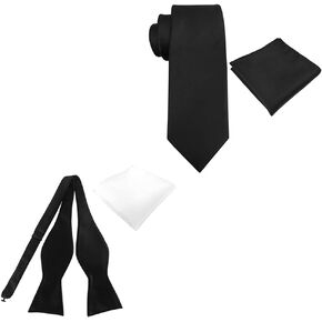KOOELLE Mens Tie Set Black Tie and Pocket Square Set and Mens Premium Silky Bow Ties & Pocket Square Set (Black Bowtie + White Hanky)
