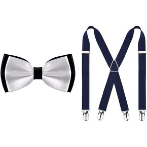 Alizeal Bowtie for Men Fancy Adjustable Pre Tied Wedding Party Bow Ties-White, X-Back Clip Suspenders Adjustable Elastic Shoulder Strap, Navy