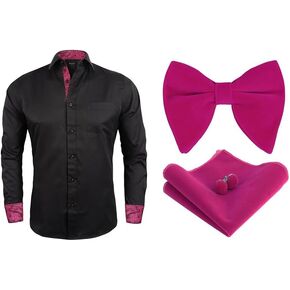 Alizeal Men's Business Slim Fit Patchwork Dress Shirt, Black and Hot Pink-L, Mens Oversize Velvet Bow Tie, Hanky and Cufflinks Set, Magenta