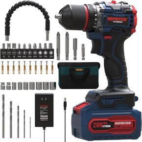 INSPIRITECH 20V Cordless Drill Set, Brushless Power Drill Set with 3.0Ah Battery and Charger,3/8-Inch Metal Chuck Electric Drill Driver,22 Torque Setting,Drill/Driver Bits and Tool Bag Included