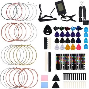 85PCS Guitar Accessories Kit Include Acoustic Strings,Tuner,Capo,String Winder&Cutter,Picks,Bridge Pins,Nuts & Saddles,Finger Protector,Finger Picks,Fretboard Stickers for Guitar Players