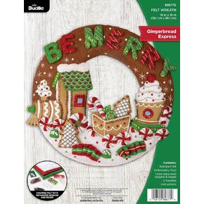 Bucilla, Gingerbread Express, Felt Applique Wreath Making Kit, Perfect for DIY Arts and Crafts, 89677E
