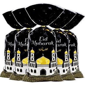 2024 Eid Mubarak Goodie Bags, 100 Pieces Muslim Castle Moon Star Pattern Ramadan Treat Bags Cellophane Bags Goody Favor Bags with Gold Twist Ties for Muslim Islamic Eid Iftar Diwali Party Kids Gifts