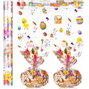 Gueevin Easter Cellophane Wrap Roll Easter Wrapping Paper Roll 100 ft x 16 Inch 2.5 Mil Thick Cellophane Roll Clear Themed Bunny Egg Cellophane Gift Wrap for Basket Treats Crafts (Bunny)