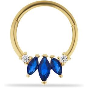 8mm Lotus Hoop Clicker Cartilage Piercing Earring With Blue & Clear Zircons - 14K Solid Yellow Gold - For Helix Tragus Lobe Conch Septum & Other Body Piercing BY KORAL JEWELRY