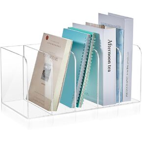 Suzile Clear Acrylic Magazine File Holder with Vertical Compartments Desk Organizer Book Rack for Desk Sorter Paper Folder Office Accessories(Clear, 14.2 x 7.2 x 6.5 Inch)