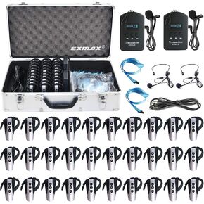 EXMAX EXD-6824 2.4G Wireless Tour Guide Headset System up to 328ft Voice Transmission Range for Teaching Training Silent Meeting Church Translation 2 Transmitters 30 Receivers + 32-slot Charging Case
