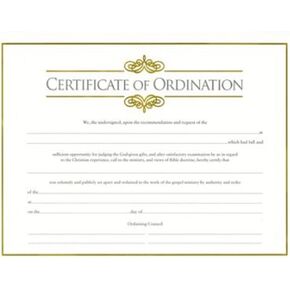 Certif-Ordination-Minister w/Gold Emboss (Package of 6)
