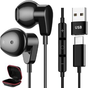 Usb C Headphone Type C Earphones +USB Adapter HiFi Stereo USB Headset with Mic for Laptop In Ear Computer Headset for iPhone 15 Pro Max Samsung A54 A53 A55 S24 S23 FE Pixel 8 7 6 5 Windows PC MAC OS X