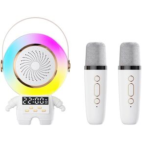 آلة كاريوكي رائد الفضاء AWESQCQ مع ميكروفونين لاسلكيين، مكبر صوت بلوتوث محمول مع ساعة منبه، إضاءة محيطة، تدعم بطاقة TF/USB، مدخل AUX، FM، REC، TWS للبالغين والأطفال والحفلات المنزلية in Kuwait