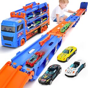 Carrier Truck for 3 4 5 6 Year Old Kids with Foldable 5.3FT Track, 6 Die-Cast Metal Small Race Cars, Dual Rail Ejection Device, Toy Truck Play Set for Boys Girls Gift, 14.5 * 6.9 INCH