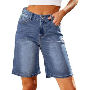 luvamia Bermuda Jean Shorts for Women High Waisted Trendy Stretchy Denim Shorts Knee Length Cutoff Loose Fit Long Shorts