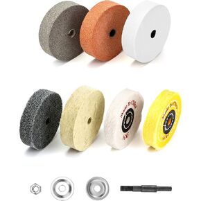 QWORK Buffing Wheel Kit, 7 Pcs Polishing Wheels with Drill Shaft Adapter for Mini Grinder/Bench Grinder, Grinding Wheel/Fiber/Wool/Cotton Buffing Wheel 3 Inch O.D. 3/8 Inch I.D. (Ø75xø10x20mm) in Kuwait