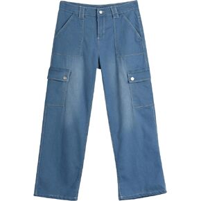 Real Love Girls's Jeans - Wide Leg Flare Cargo Jeans - Boot Cut Bell Bottom Denim Pants - Baggy Blue Jeans for Girls (7-16)