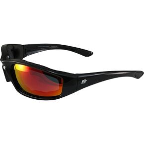 Birdz Eyewear Oriole Padded Motorcycle Riding Sunglasses Gloss Black Frames Red G-Tech Reflective Lenses