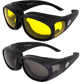 Birdz 2 Pairs Swallow Foam Padded Motorcycle Riding Glasses Black Frame Smoke/Yellow Lens
