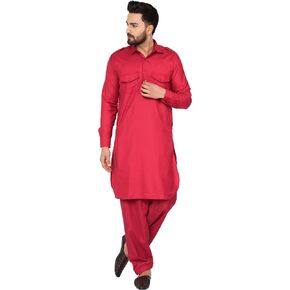 SKAVIJ Men's Tunic Cotton Pathani Kurta Pajama Set Indian Casual Dress Suit