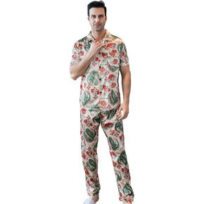 Men's Satin Pajama Set Short Sleeve Silky Pajama Pants Button Down Sleepwear Multicolor Silky Men's Pajama Set