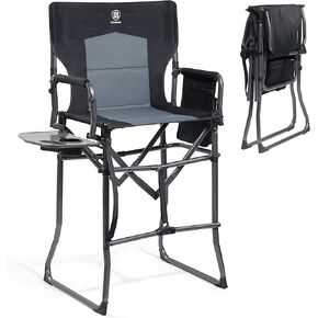 EVER ADVANCED Portable 30.7" Seat Height Tall Folding Camping Chair Directors Chair High Foldable Bar Stool with Side Table for Makeup Artist, Sports Event, Craft Show, Supports 350LBS Black Grey