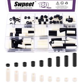 Swpeet 180Pcs Black White Nylon Round Spacer Standoff Screw Nut Assortment Kit, Nylon ABS Plastic Standoff ID 3.2mm OD 7mm, Length 3mm 5mm 6mm 8mm 10mm 12mm 18mm 20mm 25mm for M3 Screws Prototyping