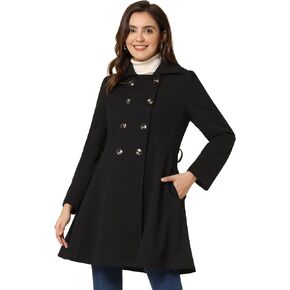 Allegra K Women's Winter Overcoat Turn Down Collar Belted Double Breasted Long Coat
