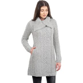 SAOL Irish Cardigan Sweater for Women with Side Pockets and Oversized Collar - Soft Merino Blend
